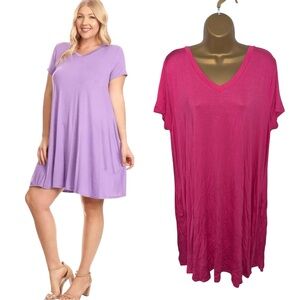 Sweet Lindsey Swing Dress V-Neck Short Sleeve Pocket Stretch Knit Pink 3X